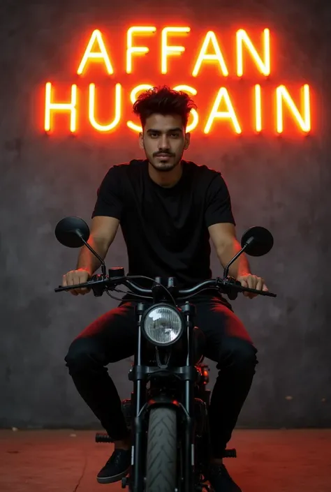 Create a 3D illusion for a profile picture where a 25
  year old cute boy in a black shirt sitting casually on a wingback bike. The background features "AFFAN HUSSAIN " in big and capital orange neon light fonts on the dark grey wall. There should not be s...