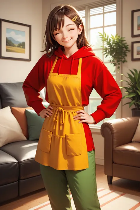 masterpiece, best quality, amazing quality, 5volt, solo, brown hair, hairclips, red hoodie, yellow apron, green pants, smile, closed mouth, looking at viewer, hands on hips, wink, one eyes closed, indoors, living room, couch