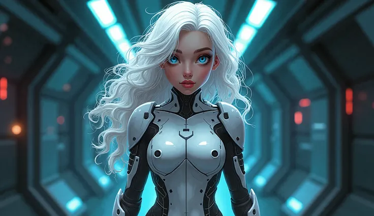 Create a highly detailed illustration of a white woman with long, flowing curly white hair and striking blue eyes. She has pale, fair skin and an hourglass silhouette, wearing a sleek, full-body armor suit made of advanced materials that provide both prote...