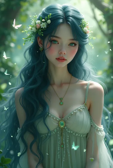 A fairy girl with dark blue hair and gray locks with white skin and emerald eyes 