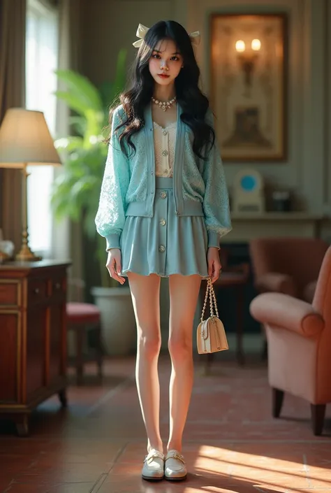 Realistic, photo, full body, smile, cinematic light,  girl, glamorous young girl, 18 year old, very pale white skin, wearing brand-name pastel blue lace cardigan, skirt, Mary Jane shoes, very long black hair, ribbon on hair, pearl necklace, brand name jewe...