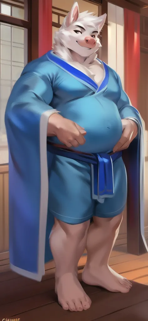  alone , Male tall , Big torso , posture, Standing , Miko Shrine, pig ,portrait pose, blue kimono shirt miko blue kimono pants miko, Overweight ,  Muscle Bundle, Smirk, by chunie 