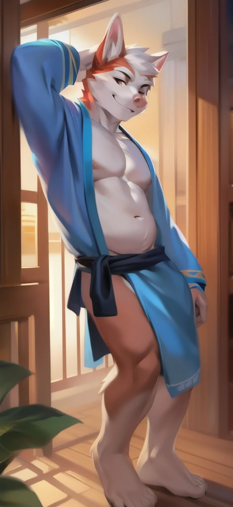  alone , Male tall , Big torso , posture, Standing , Miko Shrine, pig ,portrait pose, blue kimono shirt miko blue kimono pants miko, Overweight ,  Muscle Bundle, Smirk, by chunie 