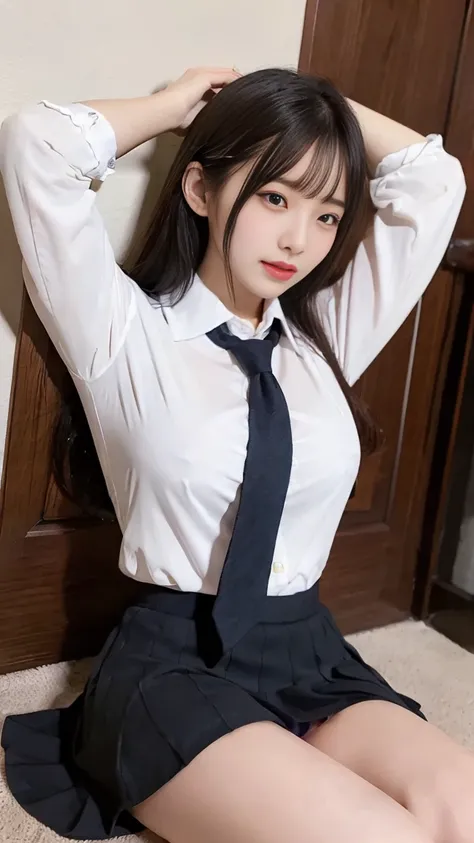 nsfw, Best Quality、High resolution、A beautiful high school girl spreads her legs to show off her pussy、Long Black Hair、big breasts、school uniform、long sleeve shirt、  miniskirt 、 ties、Great style、nsfw, laying on floor ,  legs wide open :1.5, Pussy:1.5, Deta...