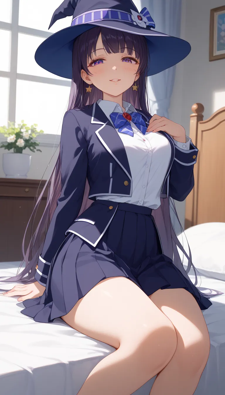 An anime girl with big boobs is sitting on a bed, a hyper現実的な high school girl, hyper現実的な high school girl, 現実的な high school girl,  a bewitching anime girl ,  fleet collection style , かわいい high school girl, Naughty, [  4k digital art  ]!!,  high school gir...