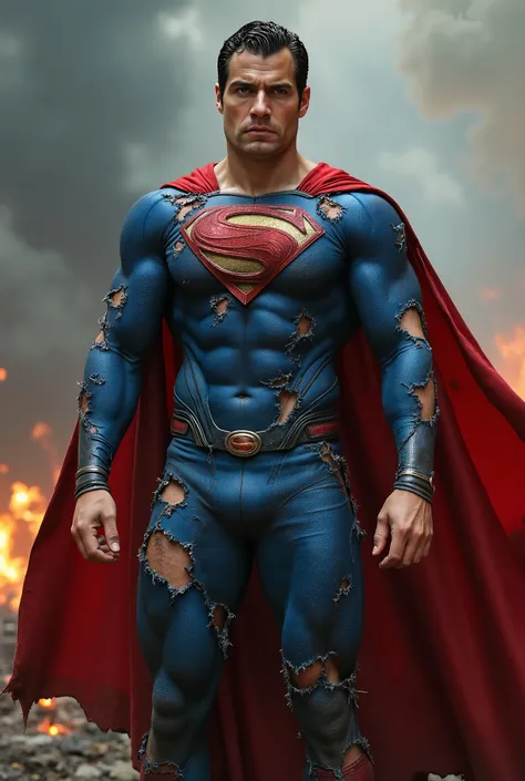 muscular attractive h3nr4, wearing blue, form-fitting Superhero suit, resembling Superman, his chest and shoulders are tattered and torn revealing his bare skin. a red cape is present flowing behind him, stands in an apocalyptic environment, in a karate fi...