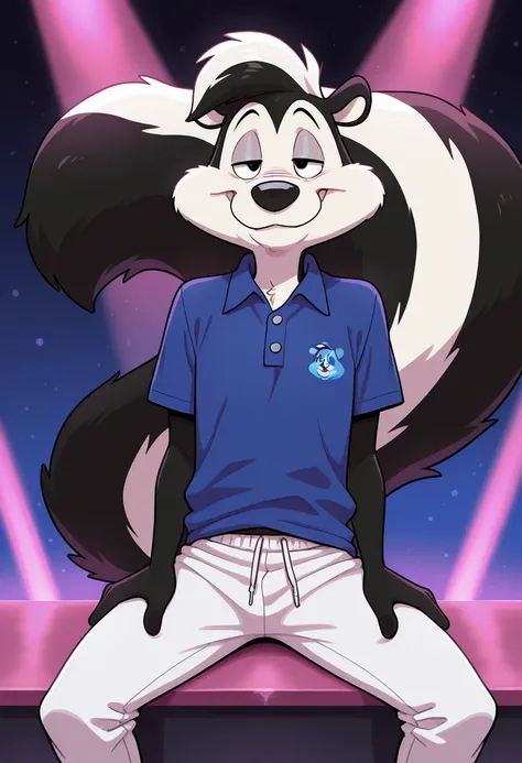 masterpiece, best quality, amazing quality,
nightclub setting,
(pepe le pew), black fur, white fur, skunk, French skunk, two tone fur, black  eyes, skunk tail,
smiling, wearing a blue polo shirt and white sweat pants,
1boy, solo,
 