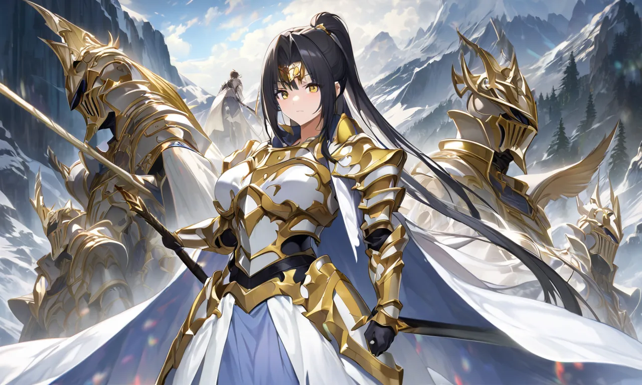  anime、 black hair、 ponytail、woman、silver and yellow armor、 have long spears、A bird is on my shoulder、 facing the front、 western fantasy、Paladin painting、Big Breasts、 Snow Mountain 、womanの戦士