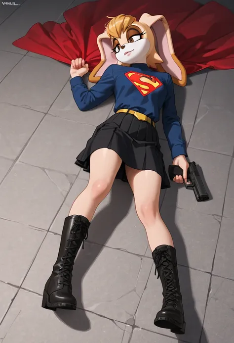 Vanilla The Rabbit, woman in supergirl costume lying with gun on the floor next to her, 1girl, solo, boots, blonde hair, skirt, lying