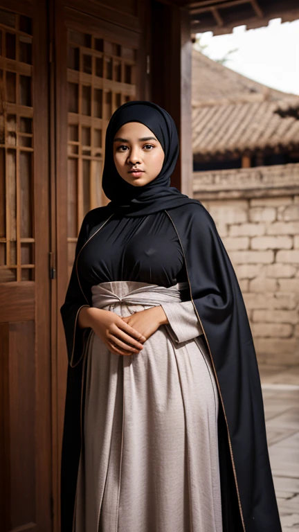 Javanese thin flat 15yo young girl, beauty baby face, closed long covered hijab, wearing covered long cloak gown details, the sagging of gigantic huge busty thicc is towering out from inder her cloak kimono