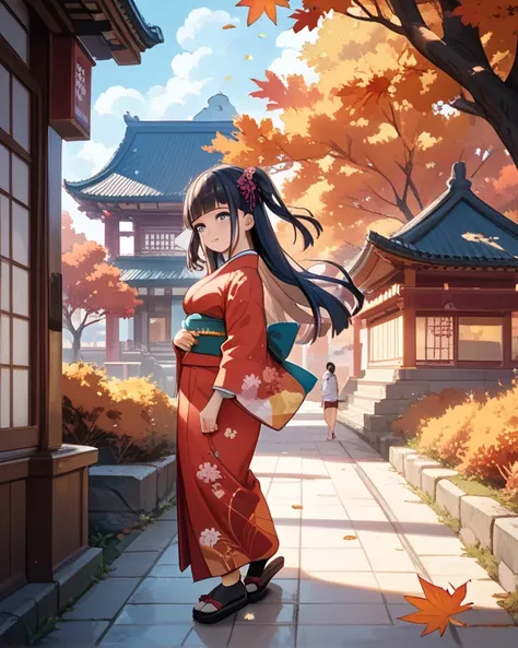 best quality,1 Adult women,30 years old,glamor body,average height,black hair,Semi-long hair,two side up,blunt bangs,Shy Smile,Cool personality,medium breasts,Japanese Kimono,,kanzashi,Midnight,From Side,autumn,Temples,walking