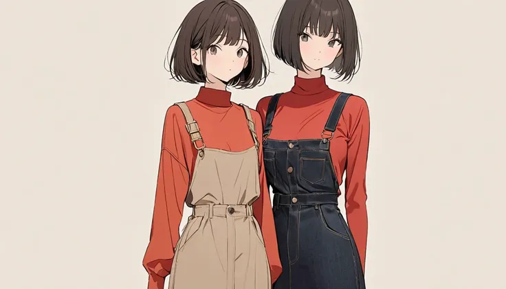 The image is、 It shows someone with dark shoulder-length hair bob-cut.  They are wearing a red turtleneck sweater . The background is neutral and bright .  The overall look is minimalistic and sophisticated .