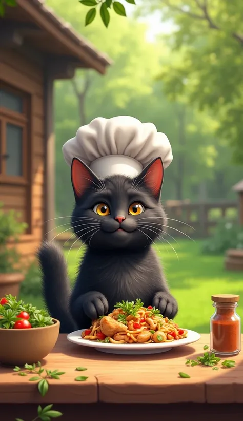 Please generate highly detailed image prompts for creating a series of illustrations featuring an anthropomorphic black tabby cat acting as a chef in an outdoor rustic kitchen. The cat is an black tabby with distinct striped markings and a fluffy tail, abo...