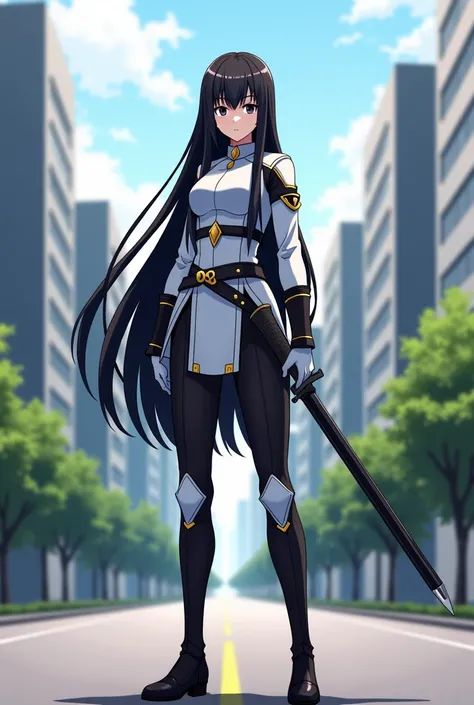 "4K anime style quality, digital drawing mode, a young warrior with long black hair and a determined gaze, wearing a white and black suit, standing in the road between High rise buildings, full body, ready-for-action stance exuding discipline and bravery, ...