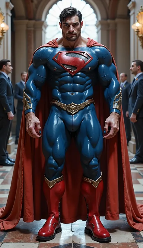Russia as a Superman-like figure dons a deep red and blue suit, his emblem shaped like the double-headed eagle. His immense strength, vast intelligence, and strategic mind make him a formidable hero. He fights for national pride, defending his homeland an...