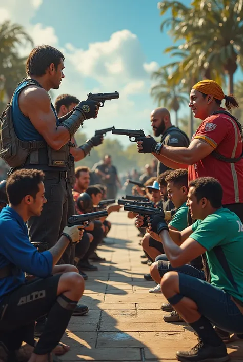 A few characters from game movies and some characters from Free Fire will hold guns at several characters from Squid Game. The Squid Game characters will be pointing their guns at FIFA players, who will be sitting on their knees below.
