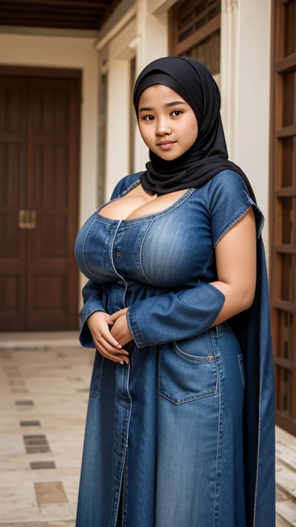 Javanese thin flat 15yo young girl, beauty baby face, closed long covered hijab, wearing covered long cloak gown details, the sagging of gigantic huge busty thicc is towering out from inder her cloak denim