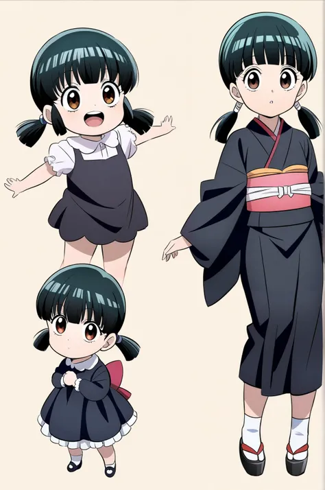 Character sheet view front view back view 'HunterXHunter anime Style 1girl, toddler, kimono black dress, black hair, pigtails brown eyes, score_9_up, score_8_up, masterpiece, best quality