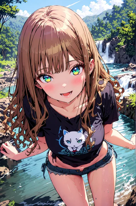 Minami Yume,  long hair,  brown hair,  Green Eyes, bangs,smile,blush, open the mouth,Medium breast,Blue T-shirt,  belly button out,Tie the hem of the shirt,  denim micro shorts ,Bare legs,river遊び, playing in the water, sunlight filtering through the trees,...