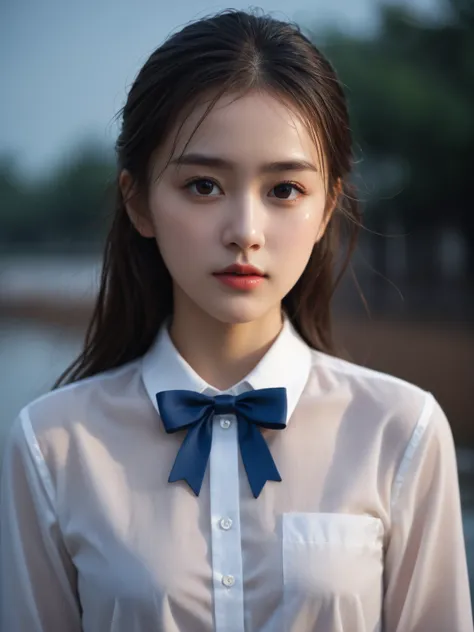 A young girl with long brown hair is shown from the chest up. She is wearing a sheer white long-sleeved collared shirt with a small blue bow tie. The shirt appears wet, and water droplets are visible on the fabric. Her skin tone is light, and she has brown...