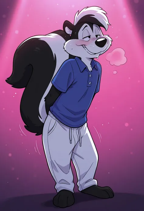 masterpiece, best quality, amazing quality,
nightclub setting,
(pepe le pew), black fur, white fur, skunk, French skunk, gay, romantic, falling in love, two tone fur, black  eyes, skunk tail,
smiling, wearing a blue polo shirt and white sweat pants,
1boy, ...