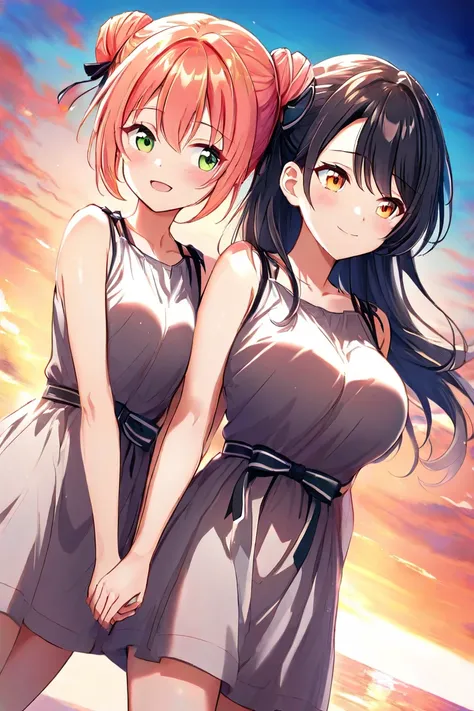 Two girls、 and stare at each other、Blushing、（ bun hair wrapped up to the shoulder、orange-pink hair、Big Breasts、 orange eyes from the side diagonally）、（ black hair、 green eyes、 small tits、 long hair、Rin々Shii）、 sunset sky、 Dutch Angle、 hold hands、 smiles 