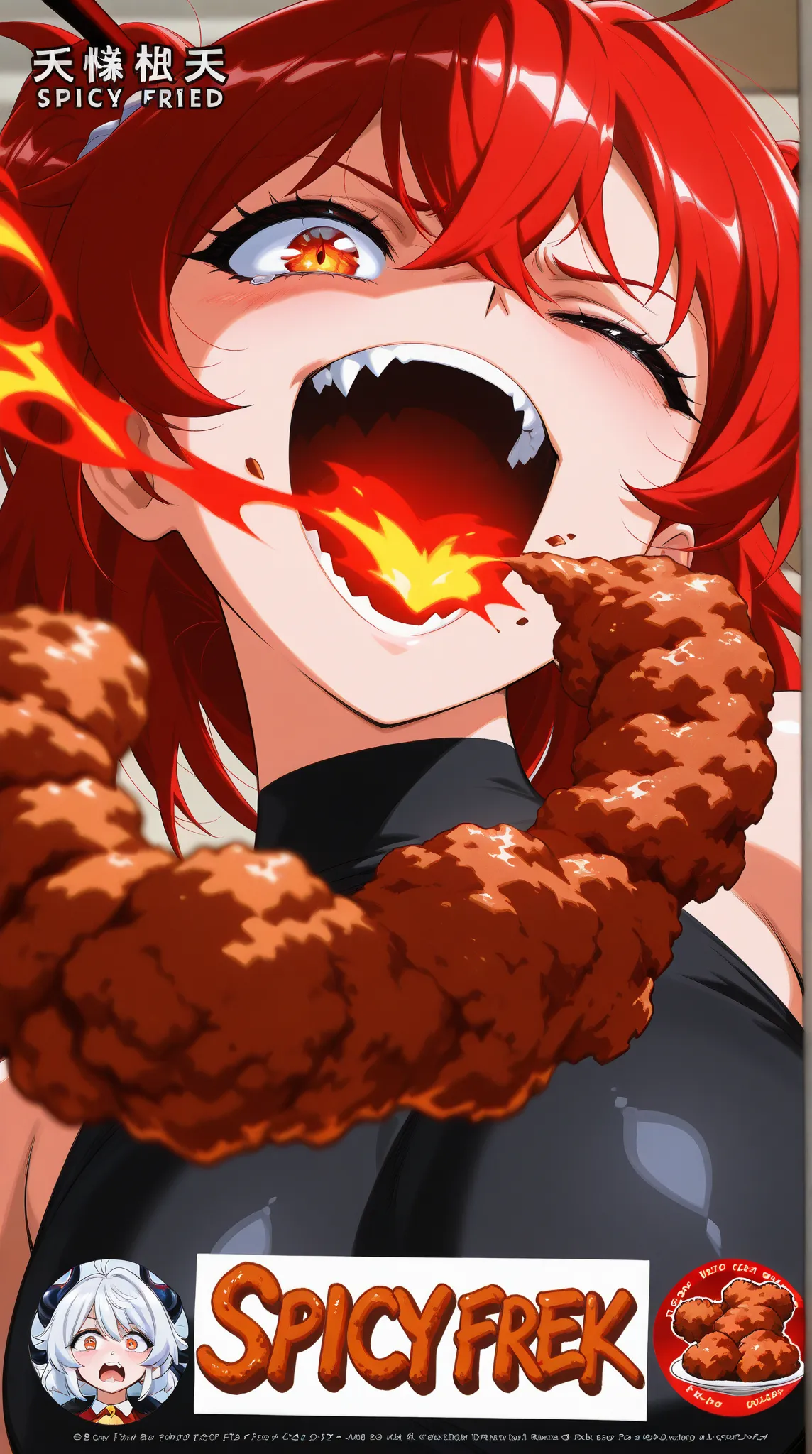 Spicy fried chicken advertising poster, fried chicken that looks spicy, dragon eating fried chicken is breathing fire because it's so spicy, dragon's painful expression, incredibly high resolution, masterpiece, top quality, highly detailed, CG, high qualit...