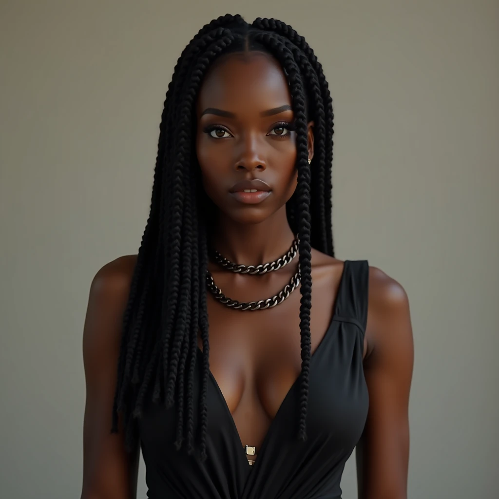 front view, (   Beautiful black slave with brown skin and ebony skin  ), (   slave chain with thick tire   ),  plain background,   look and seductive smile  ,  hair with lots of braids   ,    sexy body and full body view   .   She is wearing a dress,  that...