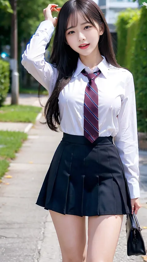 nsfw, Best Quality、High resolution、A beautiful high school girl spreads her legs to show off her pussy、Long Black Hair、big breasts、school uniform、long sleeve shirt、  miniskirt 、 ties、Great style、nsfw, caw girl ,  legs wide open :1.5, Pussy:1.5, Detailed Pu...