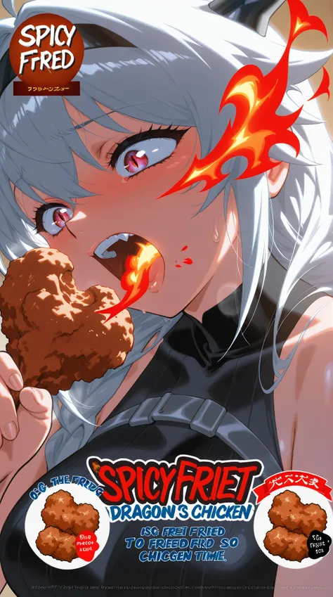 Spicy fried chicken advertising poster, fried chicken that looks spicy, dragon eating fried chicken is breathing fire because it's so spicy, dragon's painful expression, incredibly high resolution, masterpiece, top quality, highly detailed, CG, high qualit...