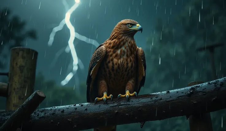 A violent thunderstorm rages outside the rehabilitation center. Rain hammers against the aviary fencing, and lightning streaks across the darkened sky. The golden eagle, perched on a wet wooden beam, grips it tightly with sharp talons. Wind howls, ruffling...