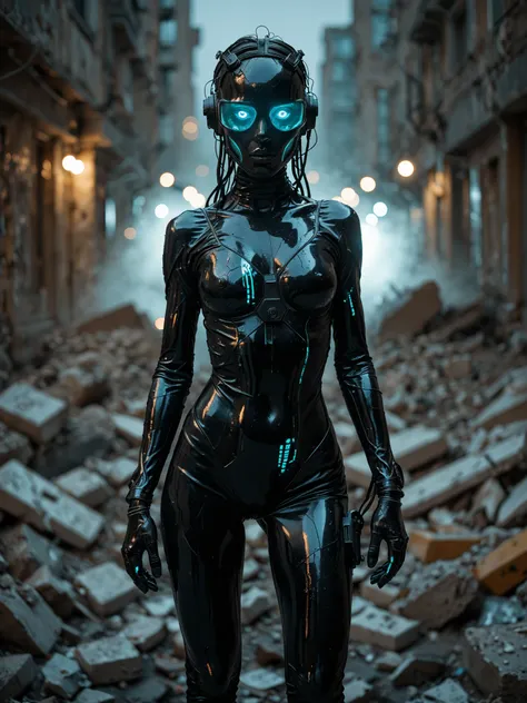 masterpiece, best quality, amazing quality, realistic, cinematic still, girl, android, skinny, round breasts, black latex catsuit, cleavage, tactical gear, standing , rubble, (looking at viewer:1.3), neon glow, night, dark, depth of field, bokeh, dark them...