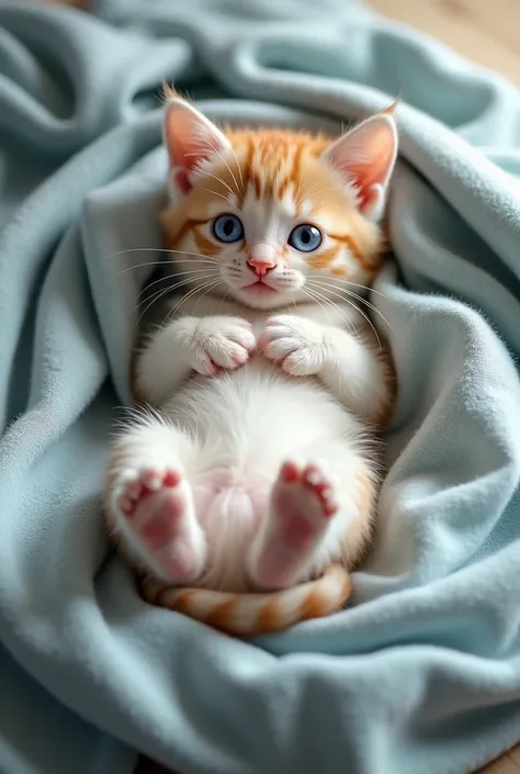 A blue-eyed kitten is looking at me in a cute way showing her stomach on a pile of laundry