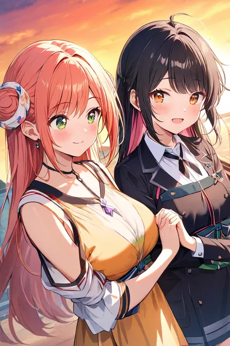 Two girls、 high school student、 and stare at each other、Blushing、（ bun hair wrapped up to the shoulder、orange-pink hair、Big Breasts、 orange eyes from the side diagonally）、（ black hair、 green eyes、 small tits、 long hair、Rin々Shii）、 sunset sky、 Dutch Angle、 h...