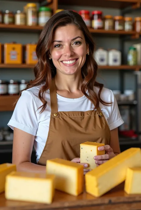 waist-length image of a white, brown-haired ((Brazilian woman from Minas Gerais)), wearing an apron, holding a piece of Parmesan cheese in front of the counter of a store selling Minas Gerais products, some regional products on the shelf in the background,...