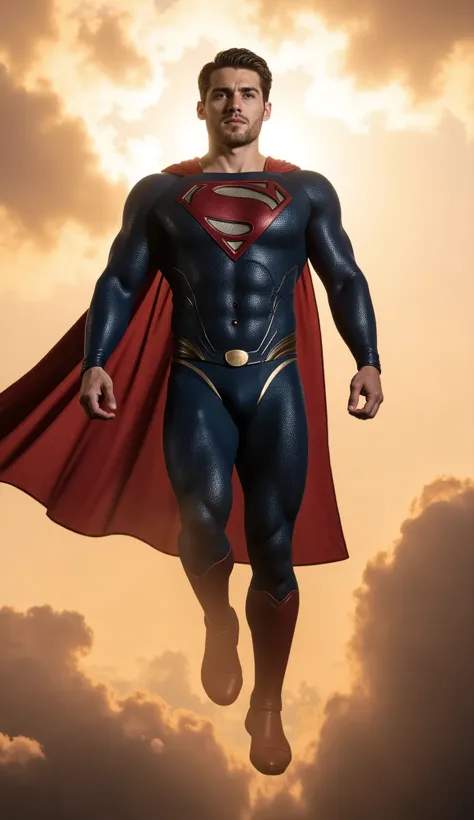 Cody Christian with an undercut haircut combed back, short beard, dressed in a clasic blue Superman costume, superhero boots, he is floating in the air, superman pose, superman, superman costume, superman is high, super high resolution, superhero body, sup...