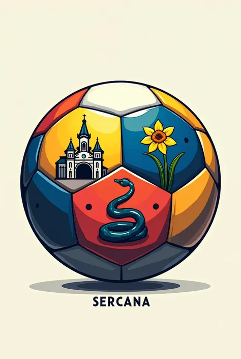 the football emblem in the shape of a ball that will be divided into 3 parts that will contain a church, a daffodil and a snake and the name Șercaiana will be written 