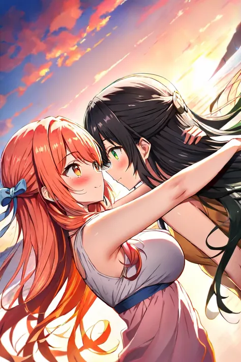 Two girls、 high school student、 and stare at each other、Blushing、（ bun hair wrapped up to the shoulder、orange-pink hair、Big Breasts、 orange eyes from the side diagonally）、（ black hair、 green eyes、 small tits、 long hair、Rin々Shii）、 sunset sky、 Dutch Angle、Em...