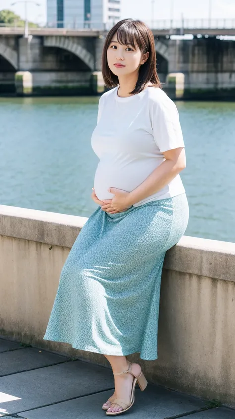 masterpiece, Best Quality, 8K,looking at the viewer,Japanese Lady,20 years old, huge pregnant, Voluptuous, bridge background, smock shirt, midi skirt, shoulder length hairstyle, sitting 