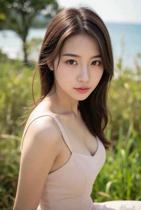  smartphones,  photo-realistic, sharp focus ,The eyes and face are very detailed. A beautiful and sexy 18 year old Thai woman poses in a fashionable pose in a natural atmosphere. She wears an elegant and well-proportioned dress. The wind blows gently, givi...