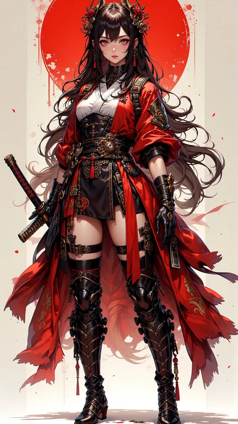   A work of art showing a charming sexy woman  ， It reflects the Japanese samurai's ， Divine Solemnity  ， Samurai Appearance  ， Wearing leather boots ，  Jacket and Armor  ，  Reminiscent of an enchanting dream in an 8-bit world