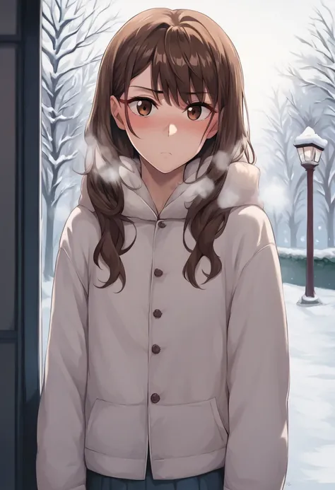 masterpiece, best_quality, 1girl, aisaka_taiga, brown_eyes, brown_hair, long_hair, flat_chest, winter_clothes, winter, steam, blush, puripurijet