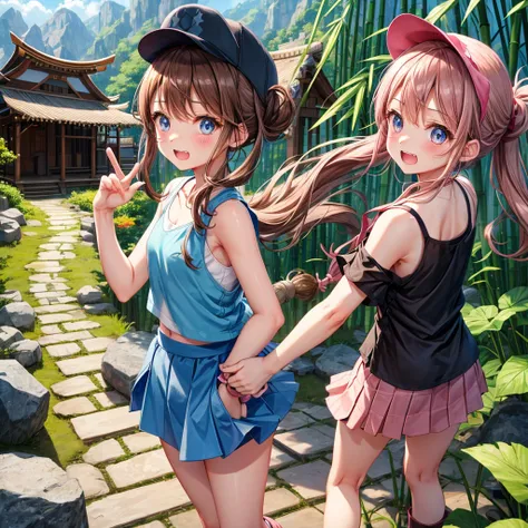  pink brown brown hair、  blue eyes、  Has hair tied  、Two cute people、  check mini skirt、  black t-shirt、 Light clothing、  tank top、  camisole、 high socks、 Boots、 teeth inside、  The Road Is Crooked 、Mountain々、Stick together  、 bamboo forest、 chest pocket  、...