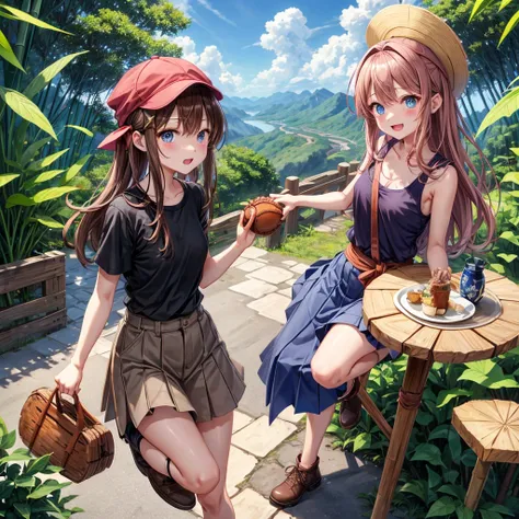  pink brown brown hair、  blue eyes、  Has hair tied  、Two cute people、  check mini skirt、  black t-shirt、 Light clothing、  tank top、  camisole、 high socks、 Boots、 teeth inside、  The Road Is Crooked 、Mountain々、Stick together  、 bamboo forest、 chest pocket  、...