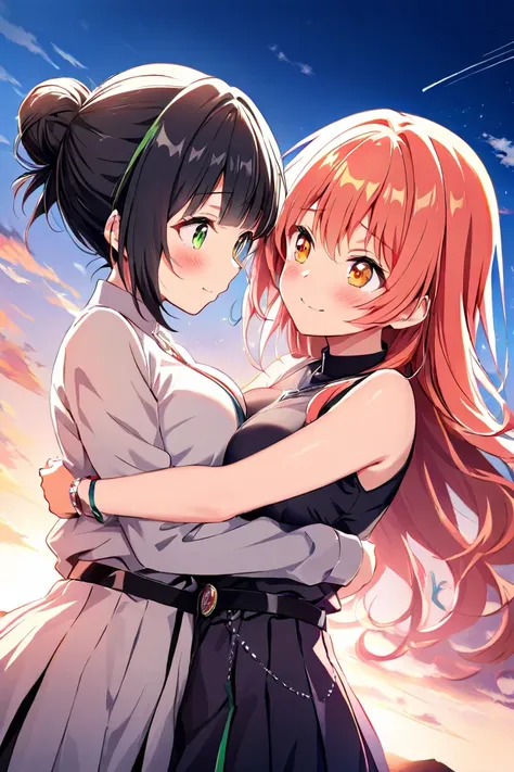 Two girls、 high school student、 and stare at each other、Blushing、（Hair bun wrapped up to the shoulder、orange-pink hair、Big Breasts、 orange eyes from the side diagonally）、（ black hair、 green eyes、 small tits、 long hair、Rin々Shii）、 sunset sky、 Dutch Angle、 hu...