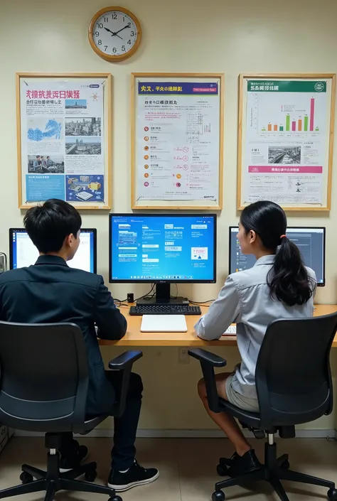 Posters promoting the school 、 Japanese students aiming to be engineers 、 men and women are having fun in front of a computer、photograph、 real、On the wall「A poster with a catch copy of 」 to nurture people who will create future technology 。