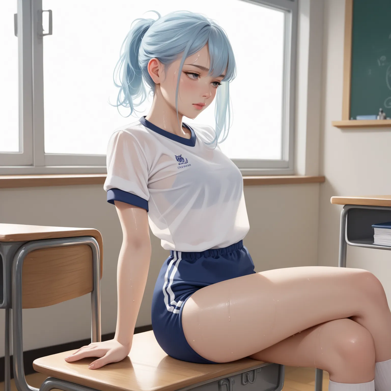 A young woman with light blue hair, wearing a Japanese gym uniform (white short-sleeved T-shirt, tight blue bloomers), sits on a chair near the window at the back right of the classroom. Her back is leaning against the window frame, and she gazes to the le...