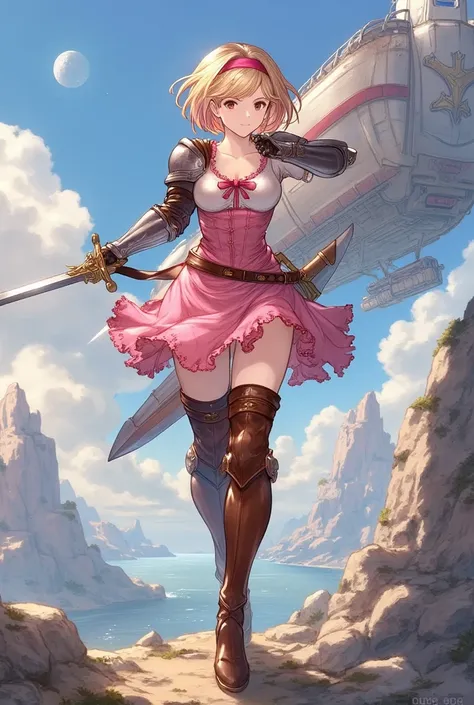 (Greatest Masterpiece ,4K,8k,  top quality:1.2, Masterpiece:1.2),  1 girl, Alone,Zeta,  Pink Hairband ,  dress,  gauntlet ,  brown knee-high, Thigh Boots,sword,Airship