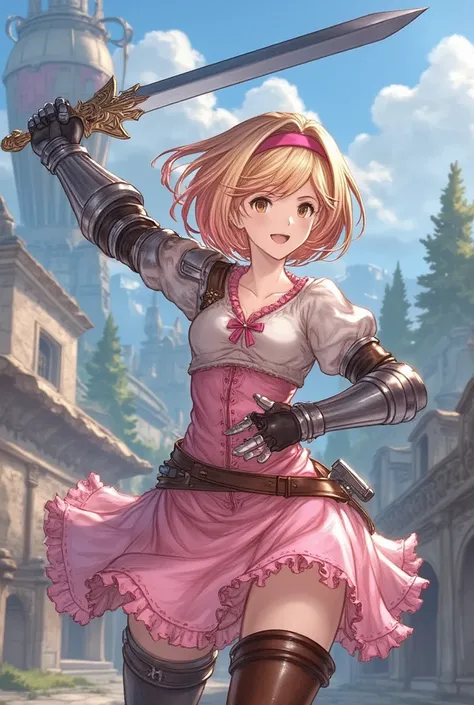 (Greatest Masterpiece ,4K,8k,  top quality:1.2, Masterpiece:1.2),  1 girl, Alone,Zeta,  Pink Hairband ,  dress,  gauntlet ,  brown knee-high, Thigh Boots,sword,Airship