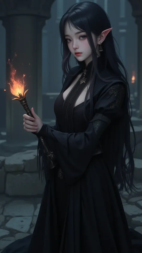  in mysterious and detailed scenes ， The central female character is characterized by pale skin 、 flowing long hair and a sophisticated gothic-style black dress。 sees her holding a wand with a glowing flame at the top ，Explore a dark fantasy animated setti...